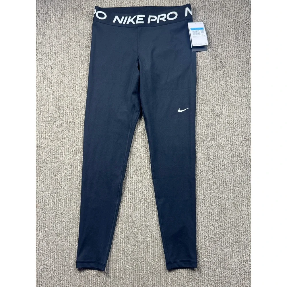 Nike Pro Mid Rise Mesh Paneled Tights Full Length Running Black Womens M
